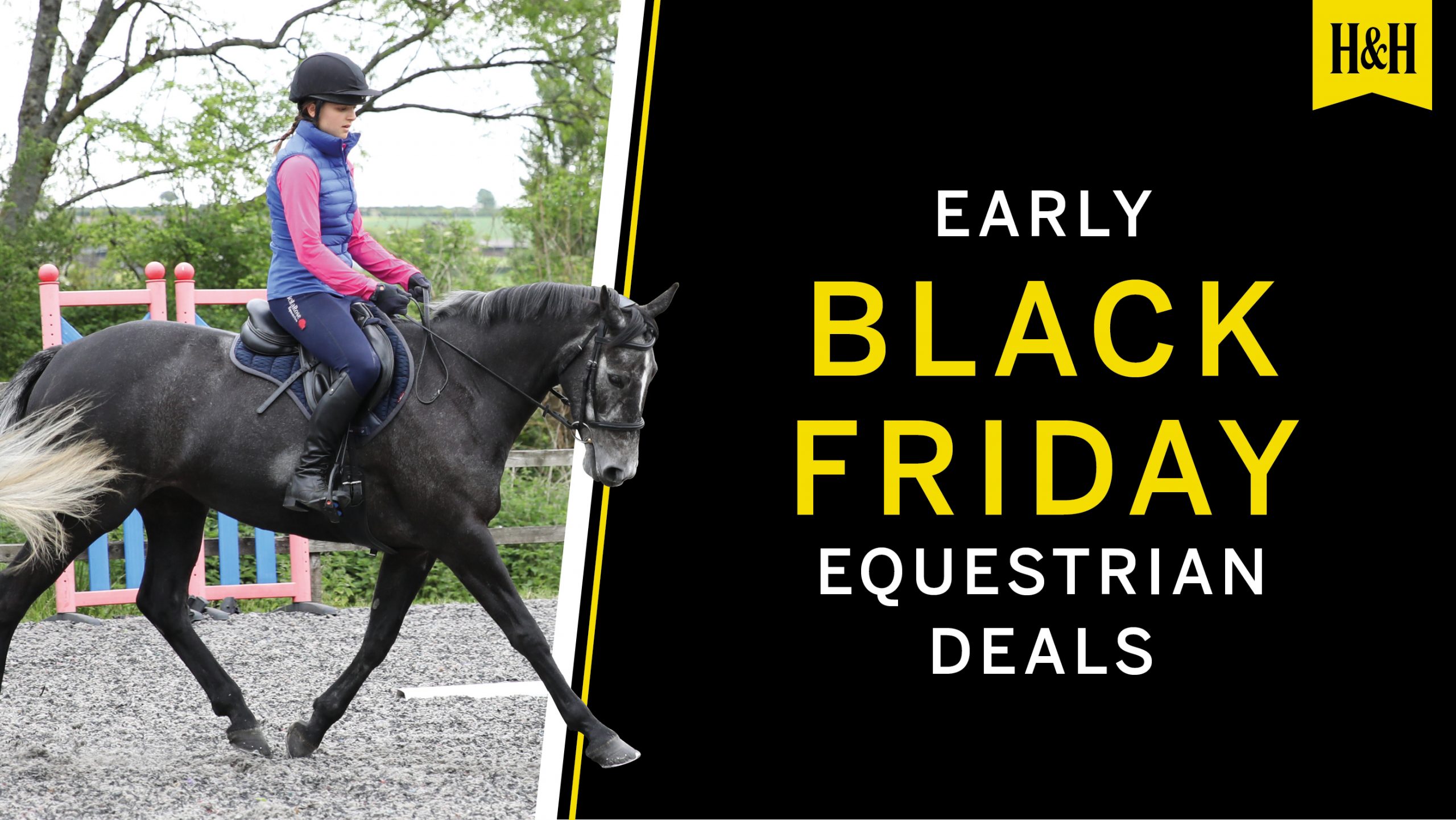 Graphique Early Black Friday Equestrian Deals avec cheval et cavalier