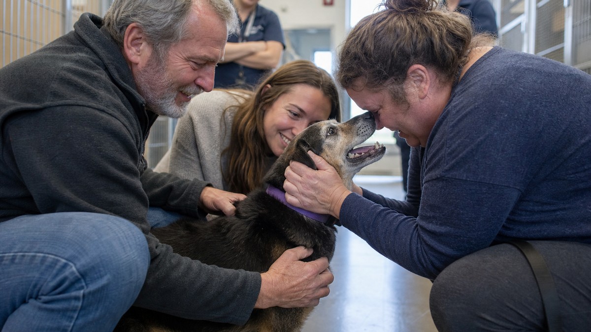 Chien âgé retrouvé entouré de sa famille lors de retrouvailles dans un refuge